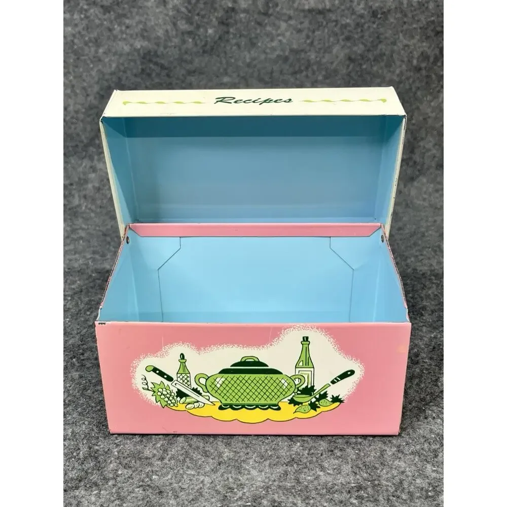 Vintage 1950s Ohio Art Metal Recipe Box Tin Litho Pink Yellow Retro Mid Century